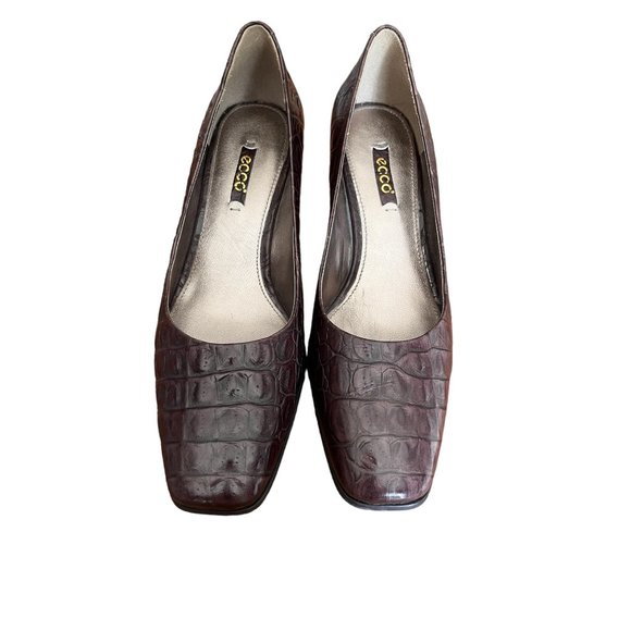 Ecco Women’s Pumps 39 (8/8.5) Brown Crocodile Print Leather Square Toe - Picture 1 of 10